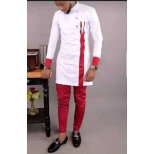 Ensemble Tunique Homme Manche Longue De Couleur Rouge /blanc